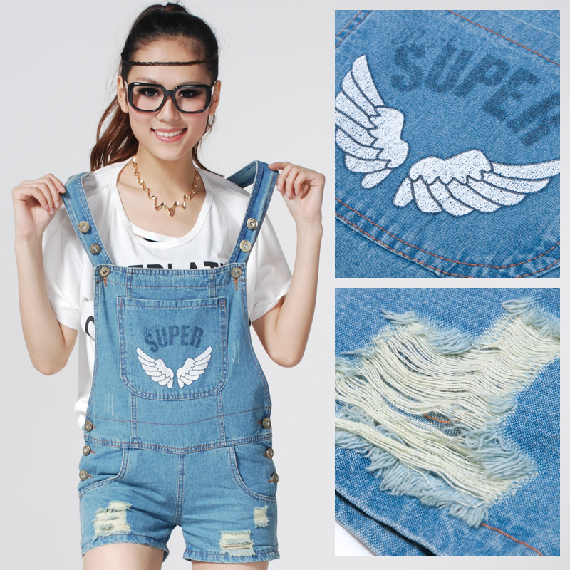 Light Color Retro Personality  Distrressed 100% Cotton  Denim Shorts Women's Overalls