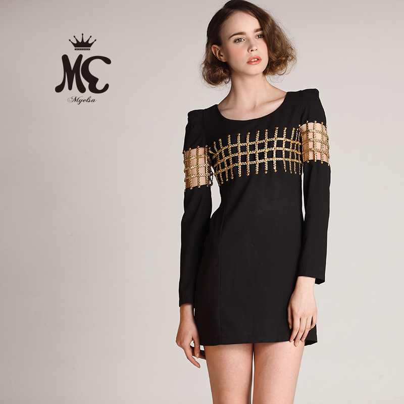 Light gold leather reticular fabric mosaic slim waist long-sleeve spring one-piece dress short skirt