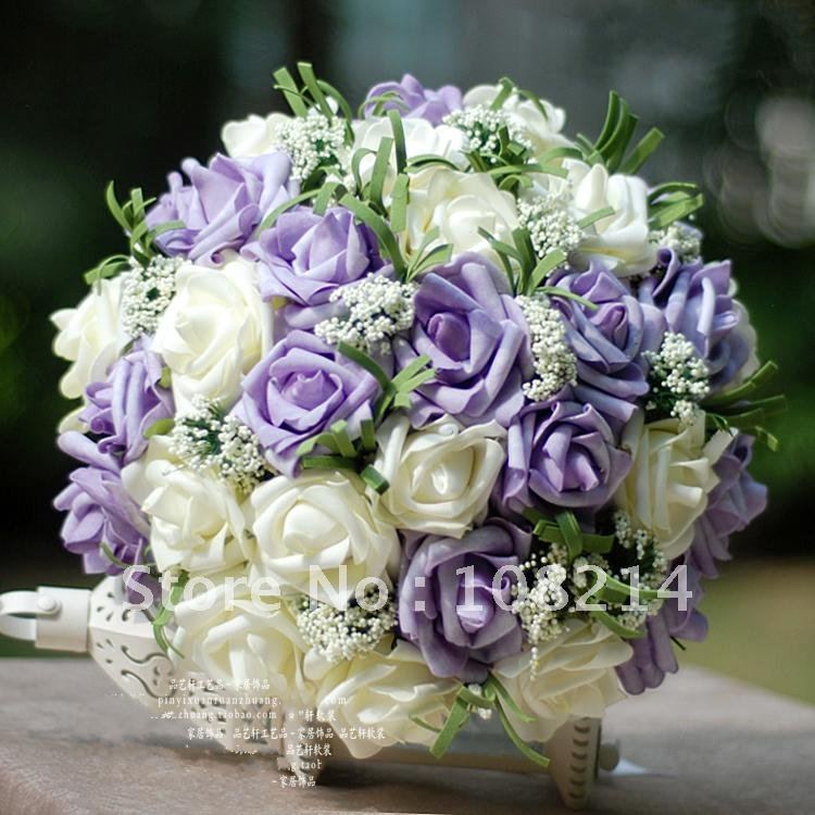 Light purple 15+White 15 PU Rose wedding flowers+pearl Bouquet for bridal,Cheap price