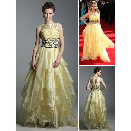 Light Yellow High neckline Long length Asymmetrid Tulle celebrity evening Dress