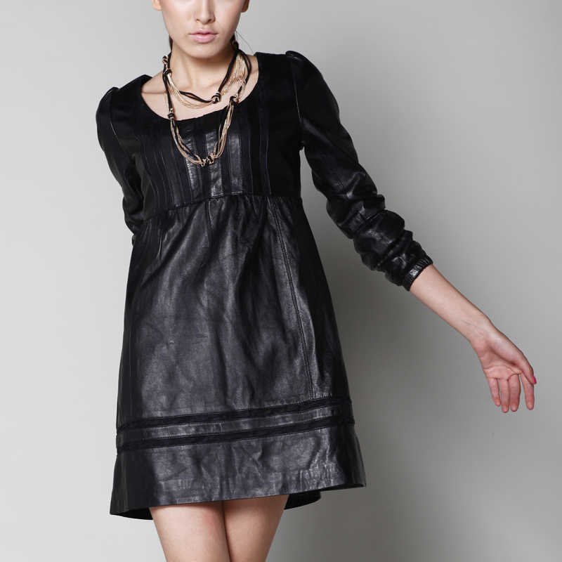 Limited edition sheepskin lace o-neck genuine leather skirt female one-piece dress plus size