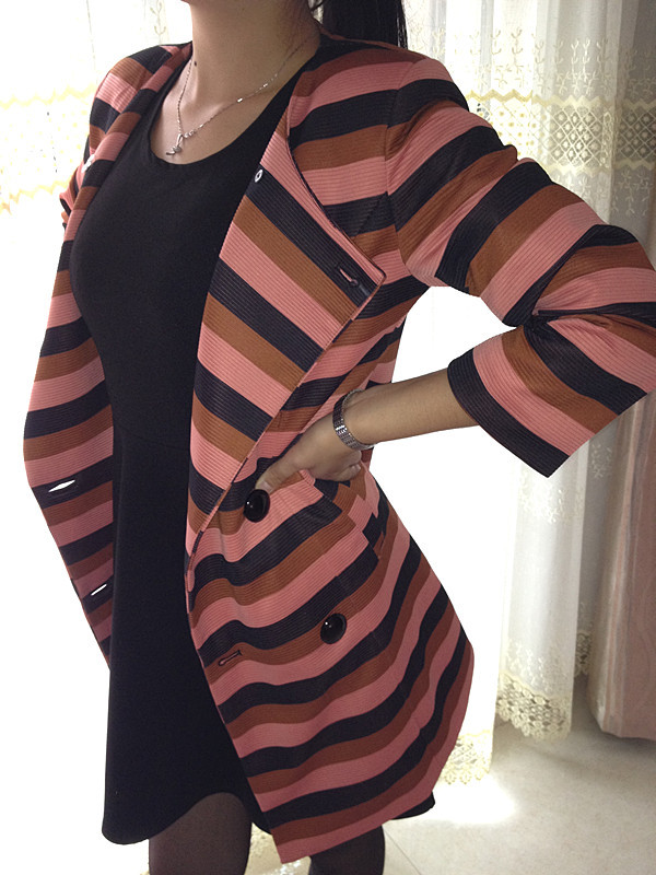 Limited edition vero2012 o-neck stripe double breasted trench vintage fashion slim overcoat female