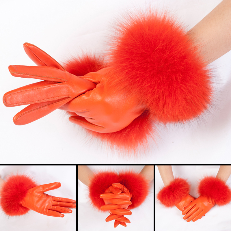 Limited edition ! women's suede autumn and winter thermal quality genuine leather large fox fur gloves