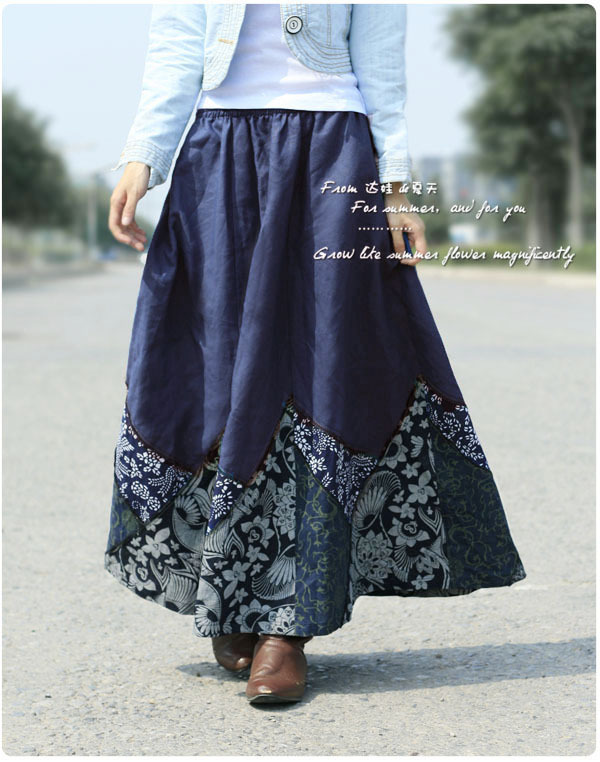 Linen full dress bust skirt blue print patchwork skirt bohemia national trend women's Leather