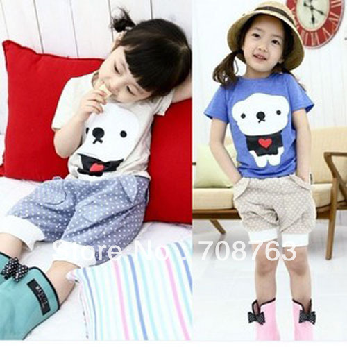 Little Bear Panda Red Heart Short Sleeves Tops Tees Dress For Baby Girls Wholesale 1 Lot 5 PCS