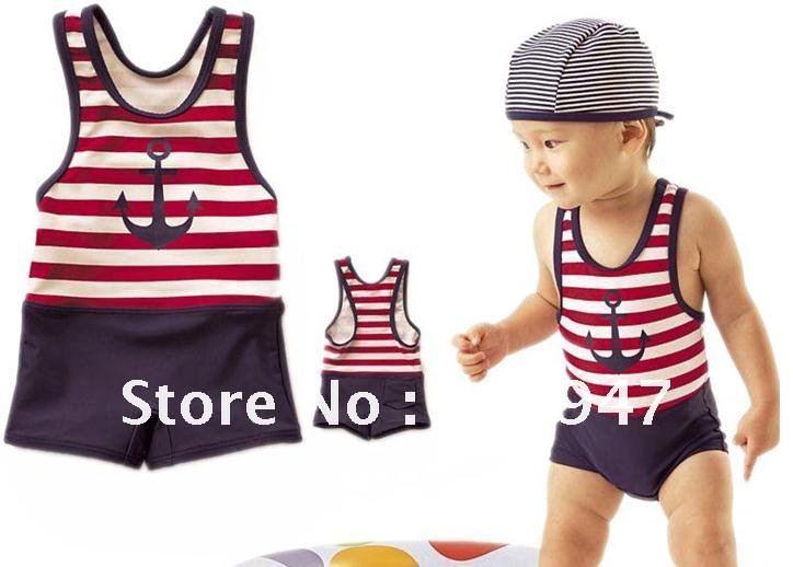 little BOY sailor style Swimwear red blue stripes anchor pattern 2pcs/set  w/ swim cap swimsuits chirdren kids pool beach wear
