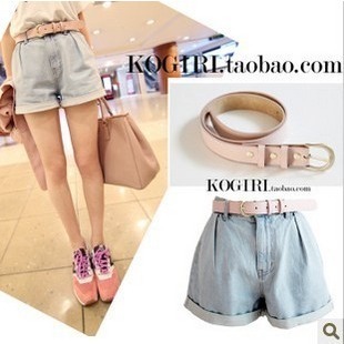 Little bride 2012 roll up hem light color pleated high waist denim shorts pink strap