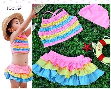 little girl  cute bikinis multi-colors rainbow ruffles 3 pieces/set Swimwear w/ swim cap swimsuits chirdren kids pool beach wear