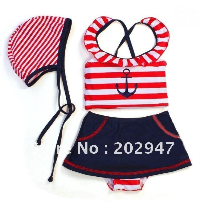 little girl sailor style Swimwear red blue stripes anchor pattern 4pcs /set  w/ swim cap swimsuits chirdren kids pool beach wear