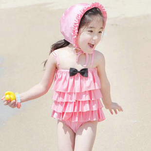 Little princess belt bow layered dress child swimwear pink small lourie female child swimwear