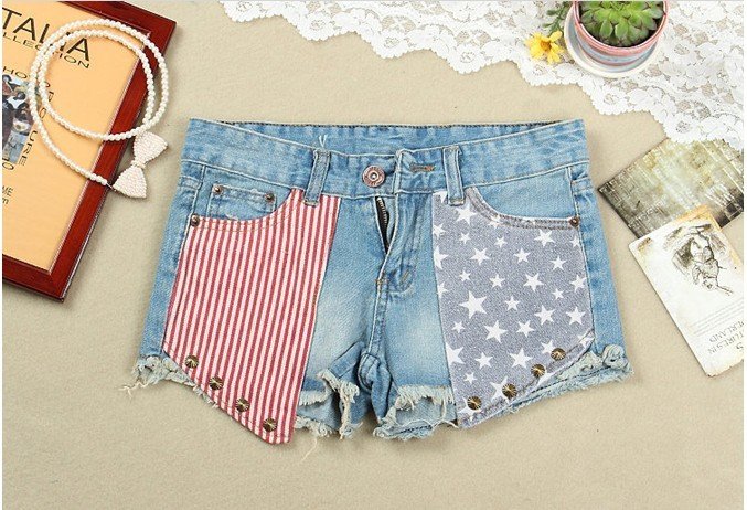 LJ-081 Wholesale Price Fashion Stars Stripes US Flag rivet holes Classical Summer Denim shorts/hot pants pants Free Shipping