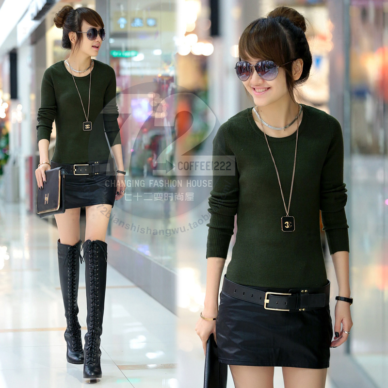 Lj16170 2013 women's spring slim leather patchwork long-sleeve sweater one-piece dress