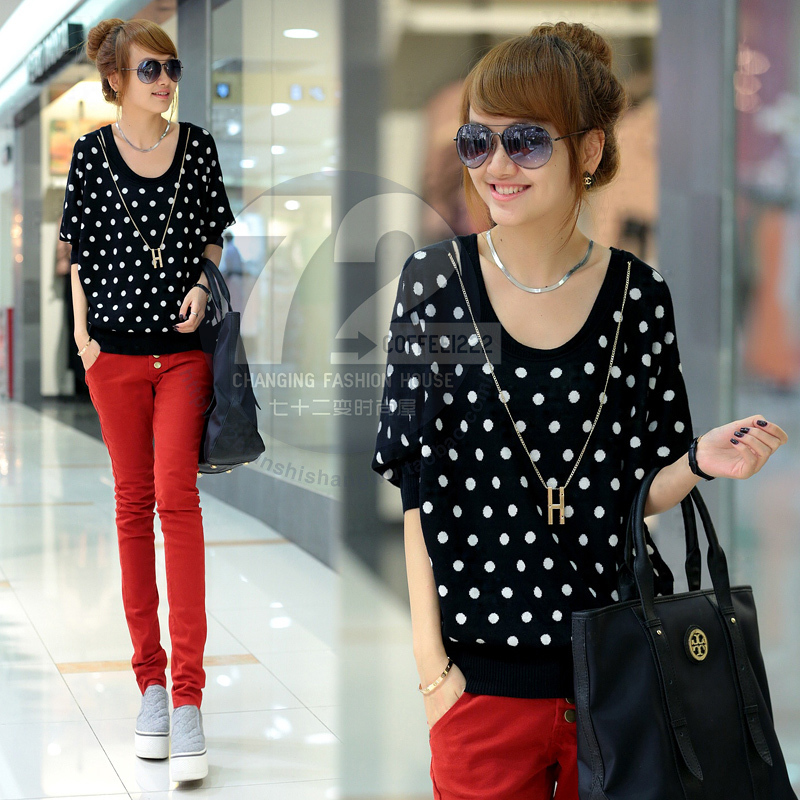 Lj6603 2012 autumn new arrival polka dot twinset bat long-sleeve sweater women's