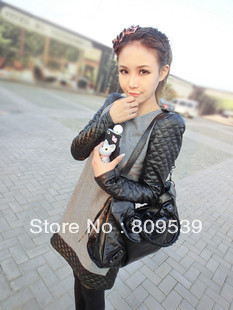 Loading qiu dong han cloth dress splicing leather shoulder pad small sweet style long-sleeved dress