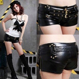 Locomotive Orange Iron Buckle Double Belt Zipper Leather Shorts Hipster Nightclub Sexy Costumes Leather Shorts Free Shipping