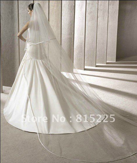 Long Cathedral Length Veils Wedding Veils Bridal Accessories Decoration Two Layered Ribbon Edge White Color
