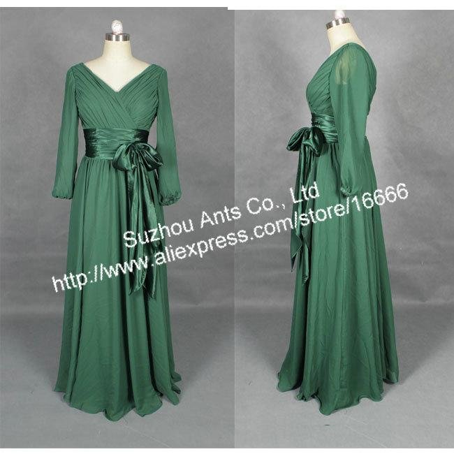 Long Chiffon Green Evening Dress V neck For Homecoming Prom with Full Sleeve Sash RE164
