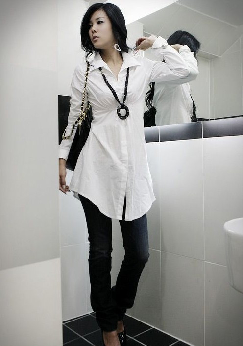 Long design all-match long-sleeve shirt fashion slim stand collar white shirt long design button black A1538