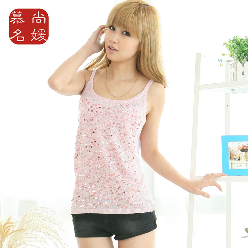 Long design bling spaghetti strap basic small vest loose paillette basic shirt