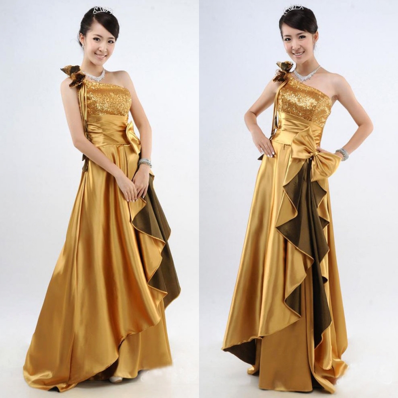 Long design formal dress golden satin evening dress one shoulder belt flower bling formal dress re59