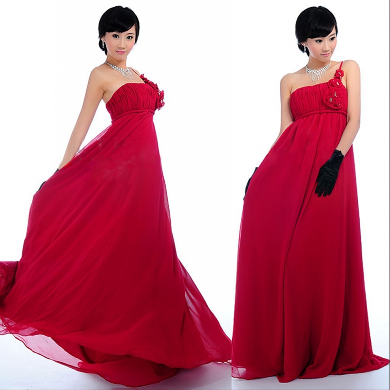 Long design formal dress red chiffon evening dress one shoulder belt flower high waist formal dress re67