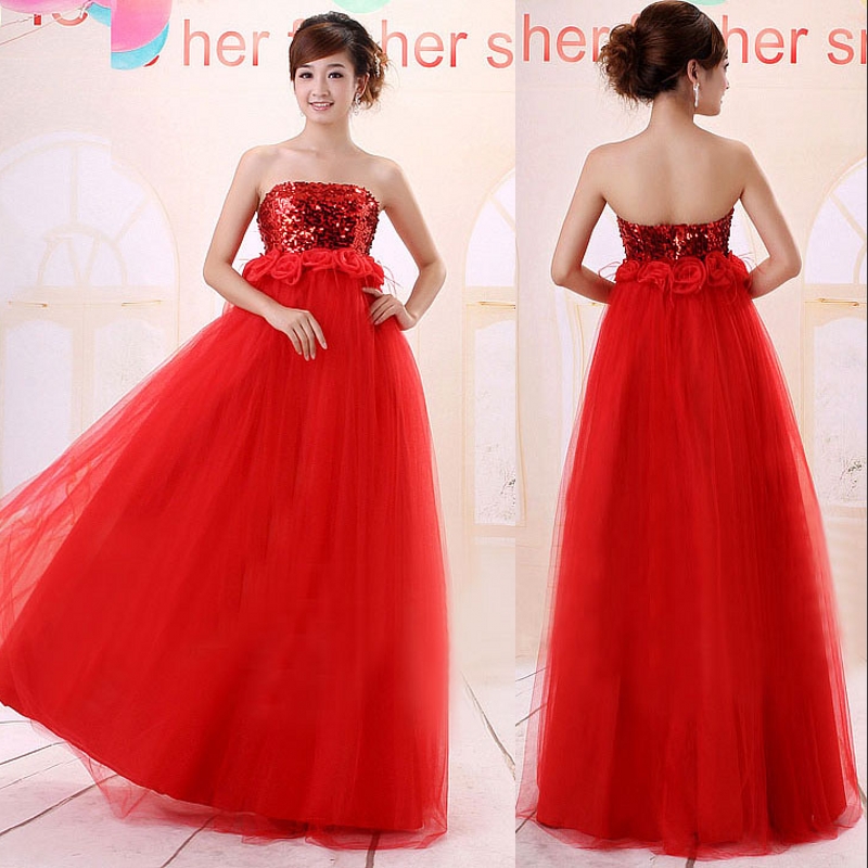 Long design formal dress red gauze evening dress tube top high waist paillette formal dress re47