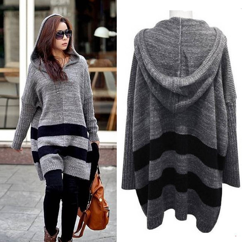 Long design loose sweater vintage pullover female women's plus size thick sweater dress stripe hooded