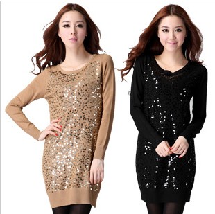 Long design slim o-neck shirt women's basic paillette thick sheep sweater dress