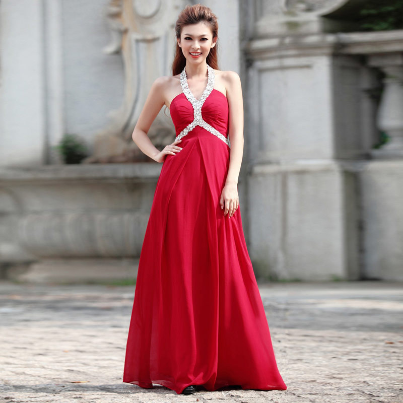 long elegant bride formal dress spaghetti strap V-neck formal dress long design red married toast formal dress 279
