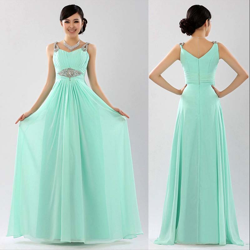 Long formal dress Light green chiffon evening dress double-shoulder spaghetti strap beading formal dress re08