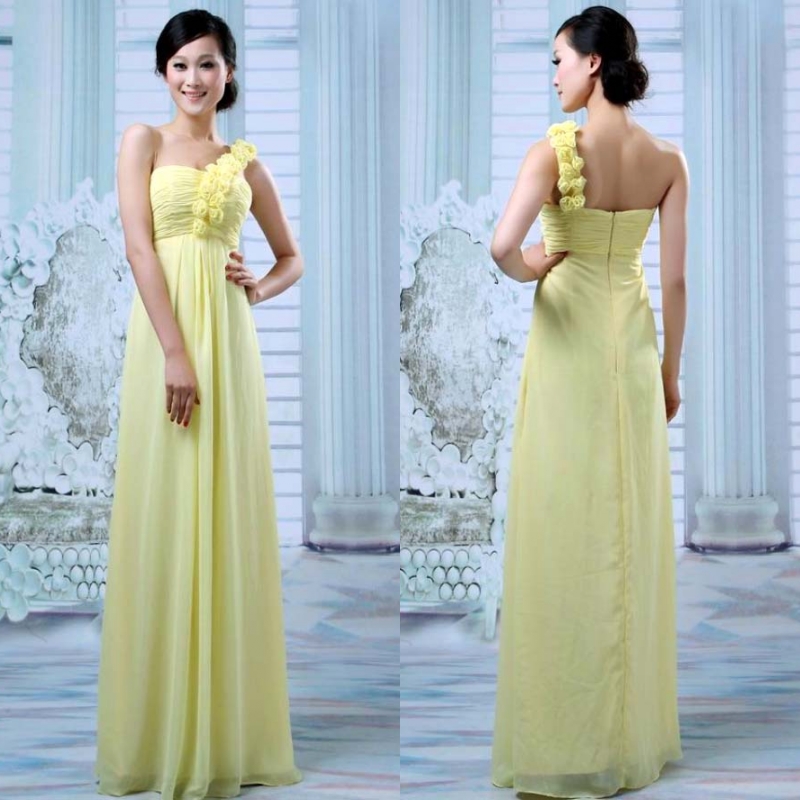 Long formal dress Light yellow chiffon evening dress one shoulder belt flower formal dress re36