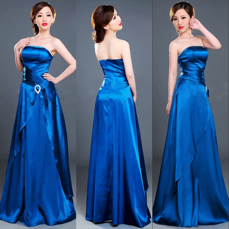Long formal dress navy blue satin fabric evening dress tube top formal dress re51