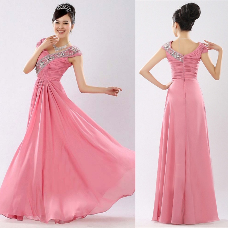 Long formal dress Pink chiffon evening dress double-shoulder beading formal dress re14