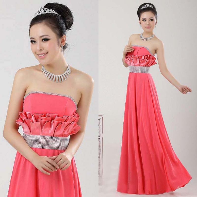 Long formal dress Pink satin evening dress tube top beading formal dress re19