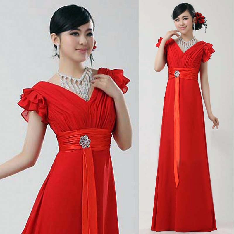 Long formal dress red chiffon evening dress double shoulder strap short-sleeve V-neck formal dress re09