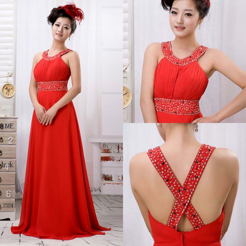 Long formal dress red chiffon evening dress o-neck beading formal dress re26