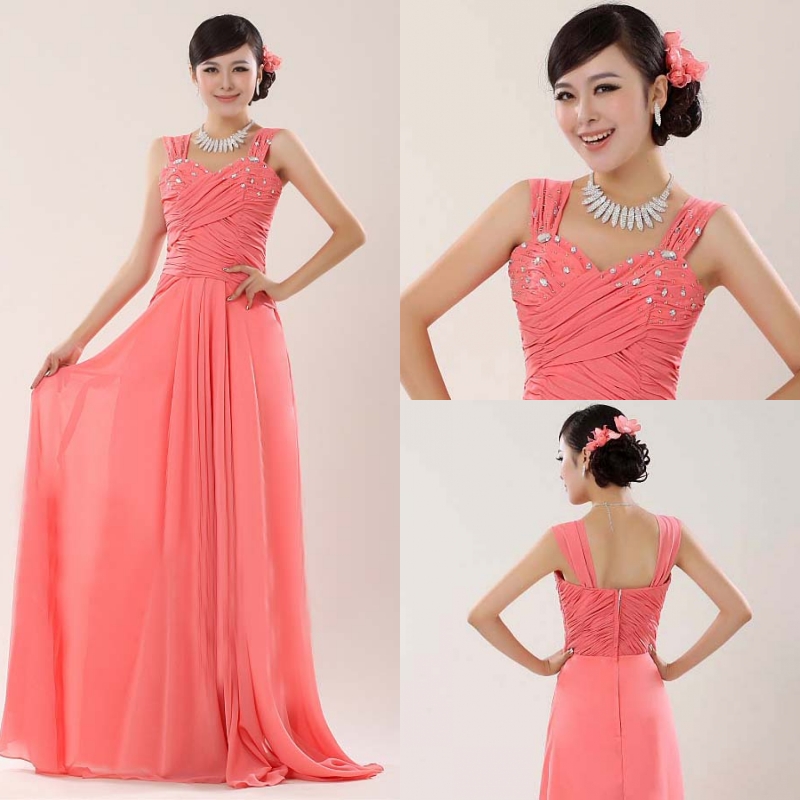 Long formal dress watermelon red chiffon evening dress double-shoulder spaghetti strap beading formal dress re17