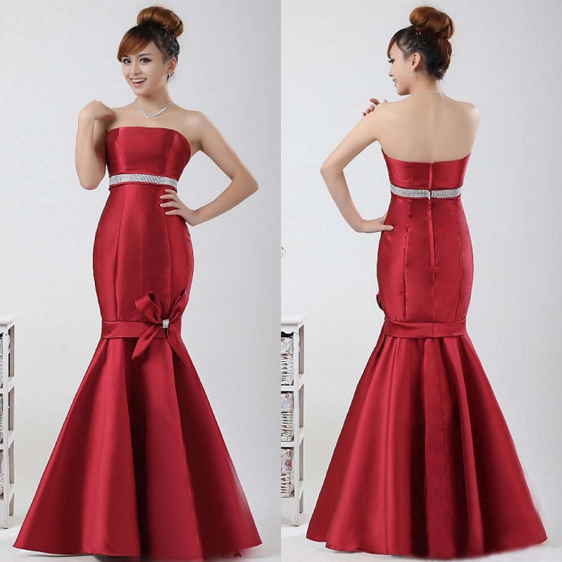 Long formal dress Wine red satin evening dress slim waist and fish tail formal dress re43
