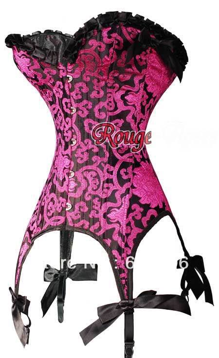 Long Red and Black Brocade Pattern strapless corset Free Shipping