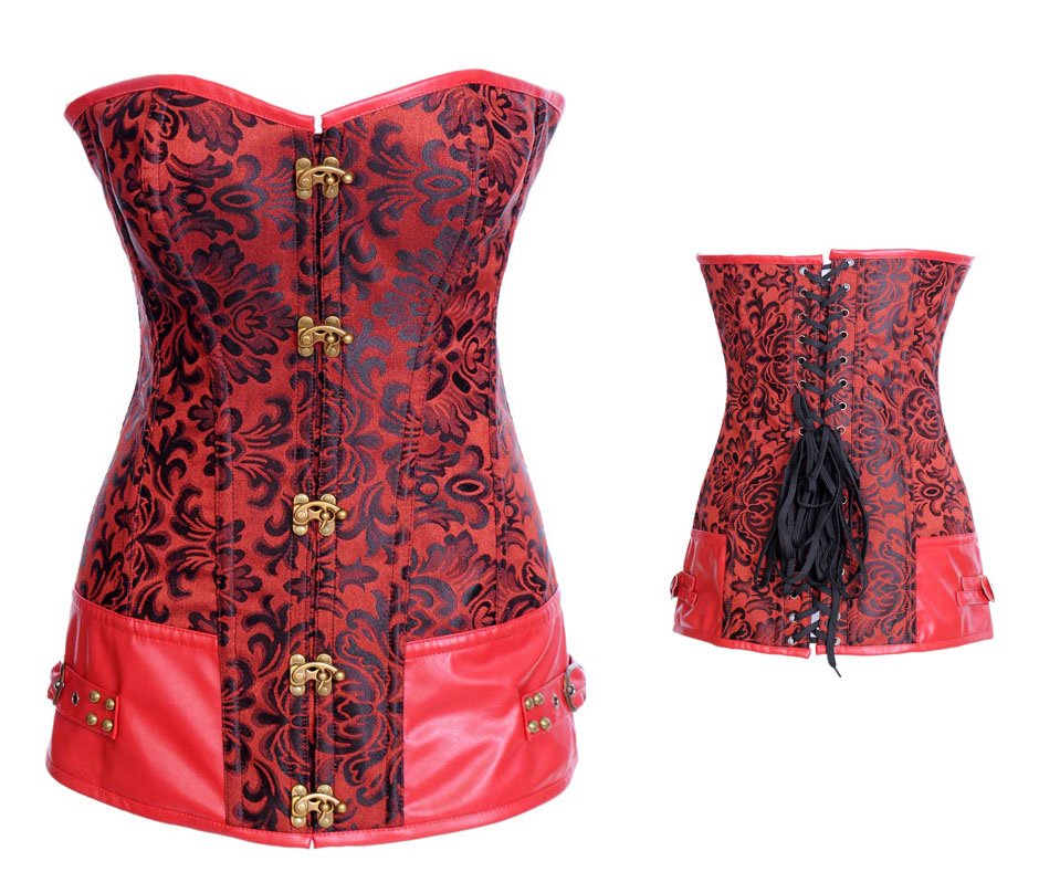 Long red floral over bust corset with metal buckle, high quality so the weight is extra heavier than usual, Free Shipping - 2841