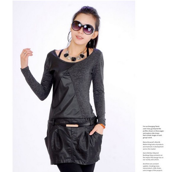 Long sleeve bag hip knitting spell skin backing skirt cultivate one's morality skirt PU leather  L283