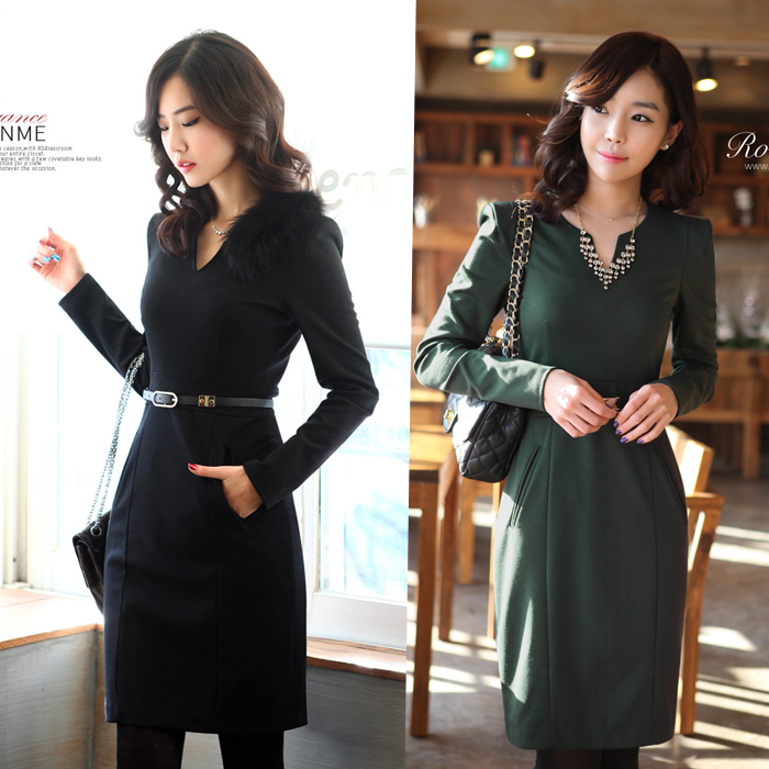 Long-sleeve dress elegant OL outfit slim one-piece dress spring and autumn work wear elastic knitted female skirt