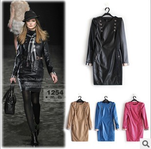 Long sleeve dresses new fashion 2012 Women's autumn and winter slim handsome cool faux leather dress Y1254