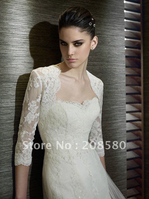 Long Sleeve Ivory Appliqued Lace Tulle Bridal Jacket Wedding Jackets J06