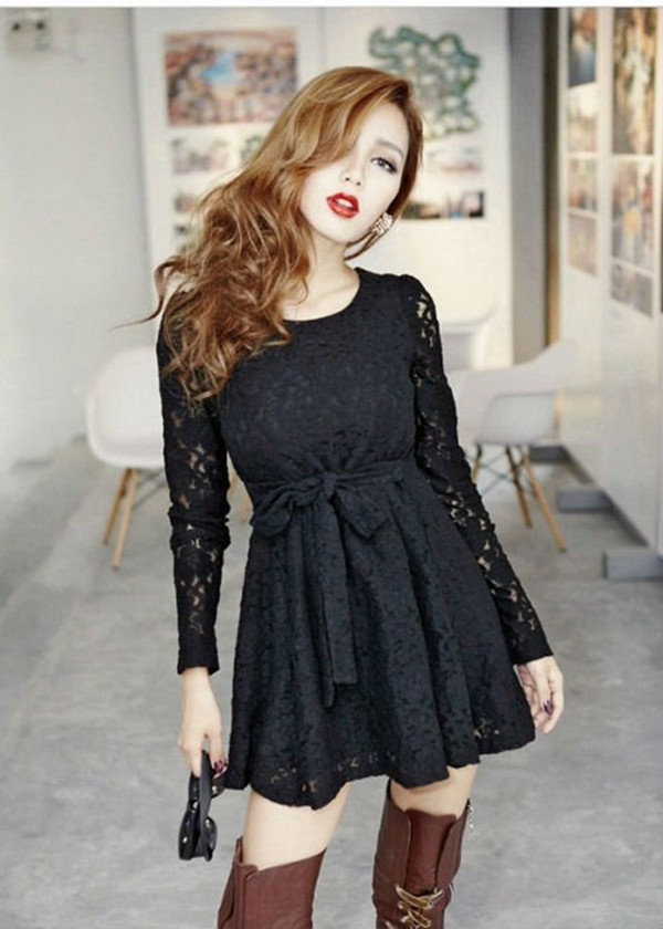 Long Sleeve Lace Dress With Back Zipper, drop shipping Free shipping W1309