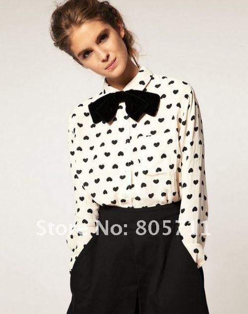 Long Sleeve Lapel Cardigan Black Heart Printed White Loose Women's Fashion Shirts 2012 New