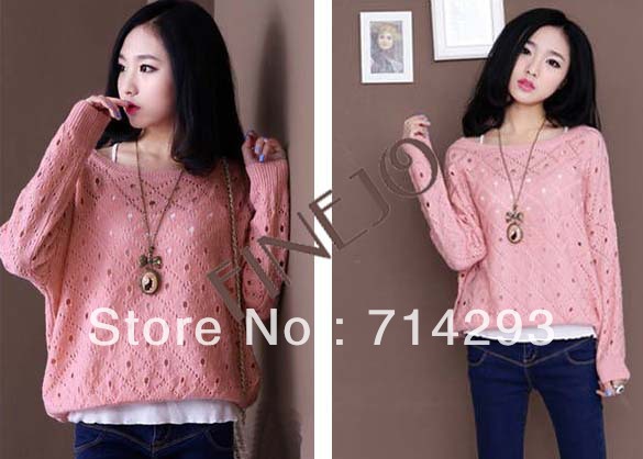 Long Sleeve O-Neck Flower Loose Hollow Out Knitting Sweaters Shirts Smock Free shipping 8092