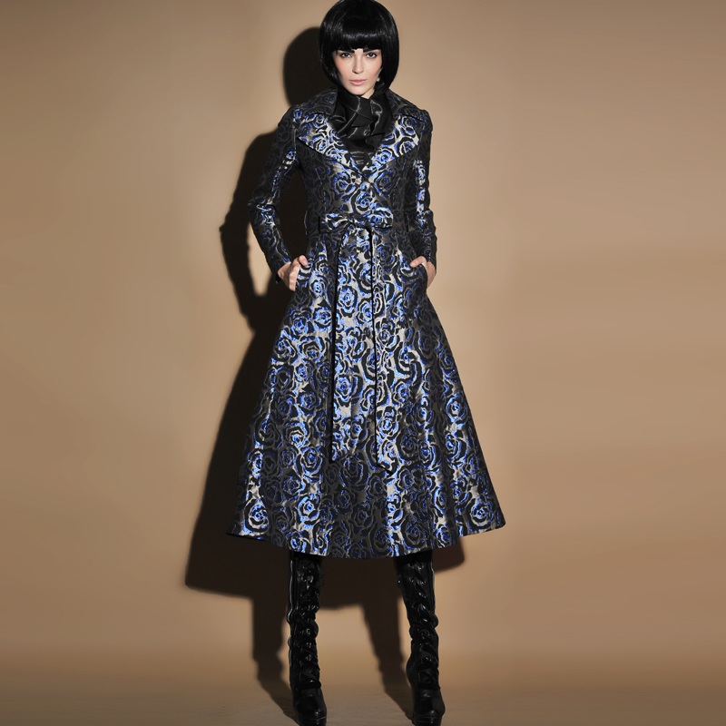 Long-sleeve slim waist jacquard ultra long trench women's overcoat fy-719