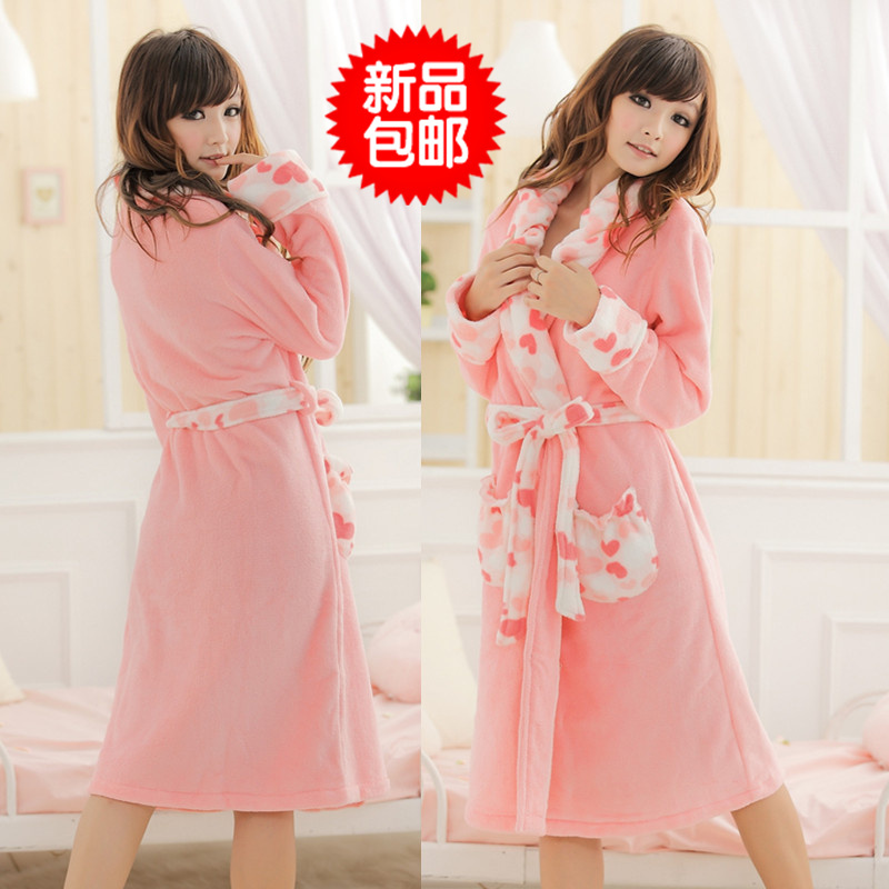 Long-sleeve thermal autumn and winter thickening coral fleece sleepwear nightgown robe long-sleeve love lounge