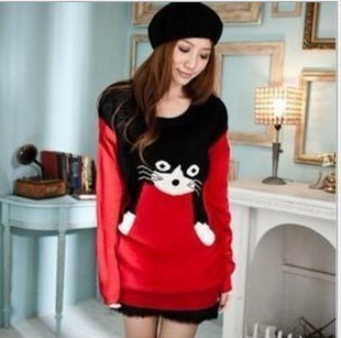 long style O-neck  Sweet and lovely cartoon Kitty flower temperament all-match two-color sweater